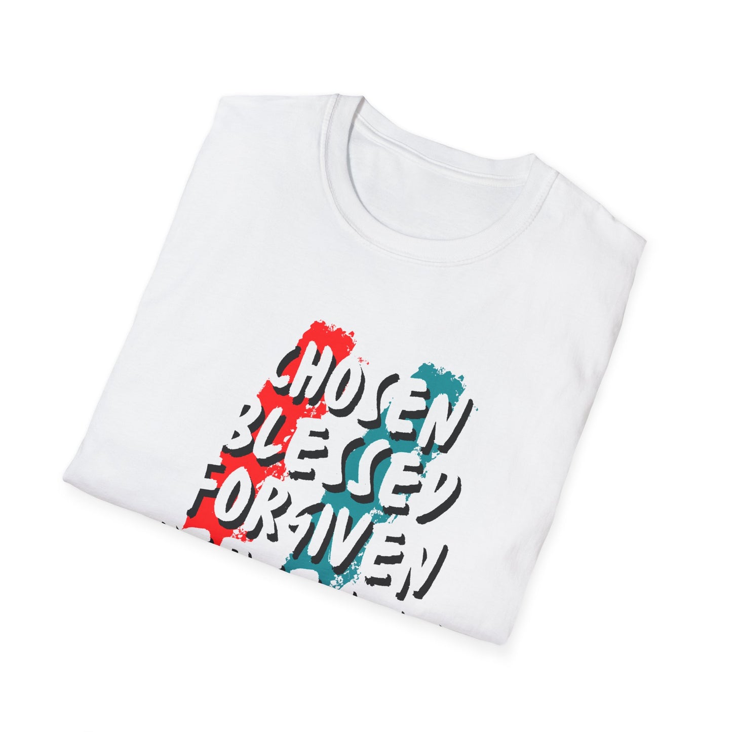 Chosen Blessed Forgiven Redeemed T-Shirt - Unisex Softstyle Tee for Faith and Inspiration