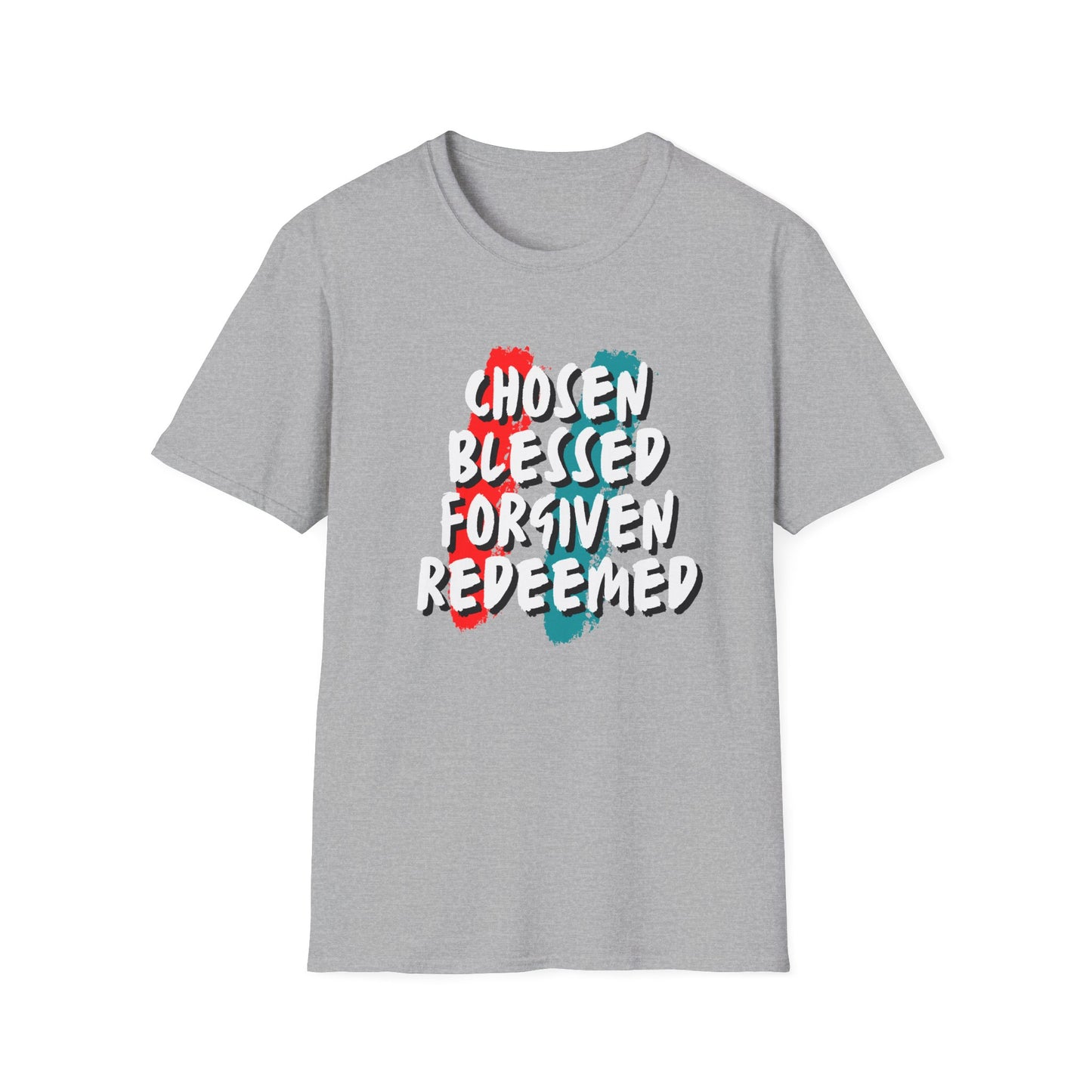 Chosen Blessed Forgiven Redeemed T-Shirt - Unisex Softstyle Tee for Faith and Inspiration