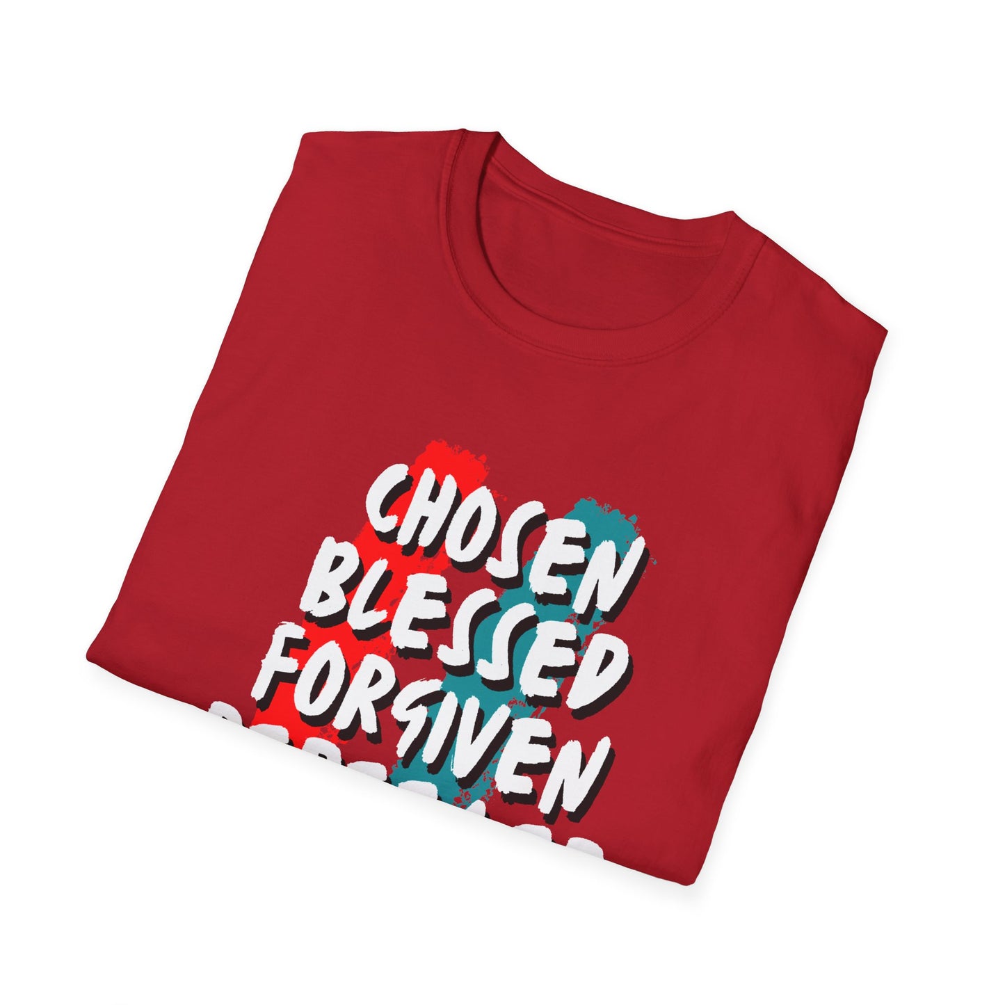 Chosen Blessed Forgiven Redeemed T-Shirt - Unisex Softstyle Tee for Faith and Inspiration
