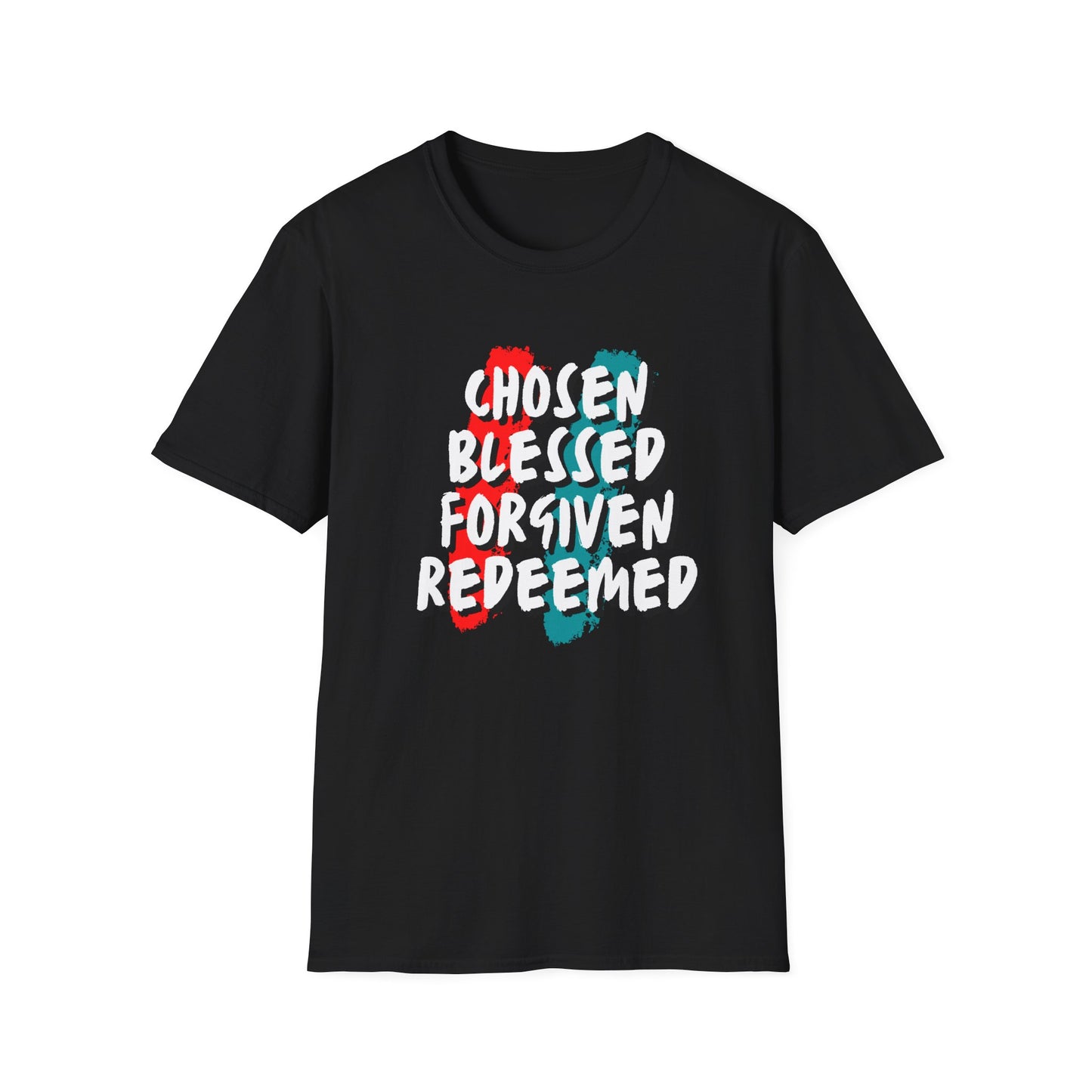 Chosen Blessed Forgiven Redeemed T-Shirt - Unisex Softstyle Tee for Faith and Inspiration